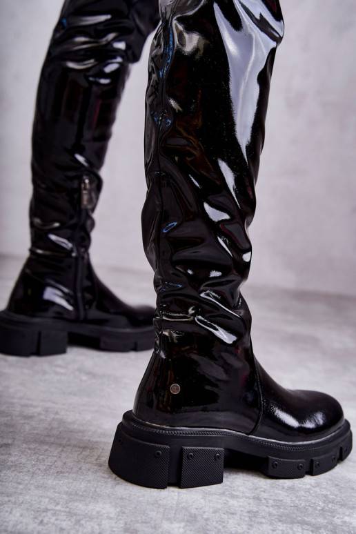 Lacquered Boots Over the knee On Flat Heel GOE Black