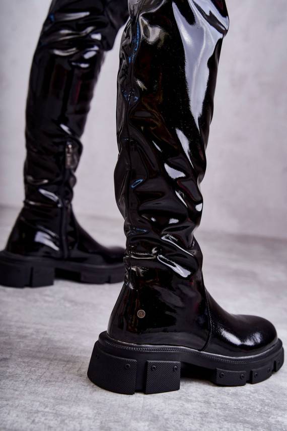 Lacquered Boots Over the knee On Flat Heel GOE Black