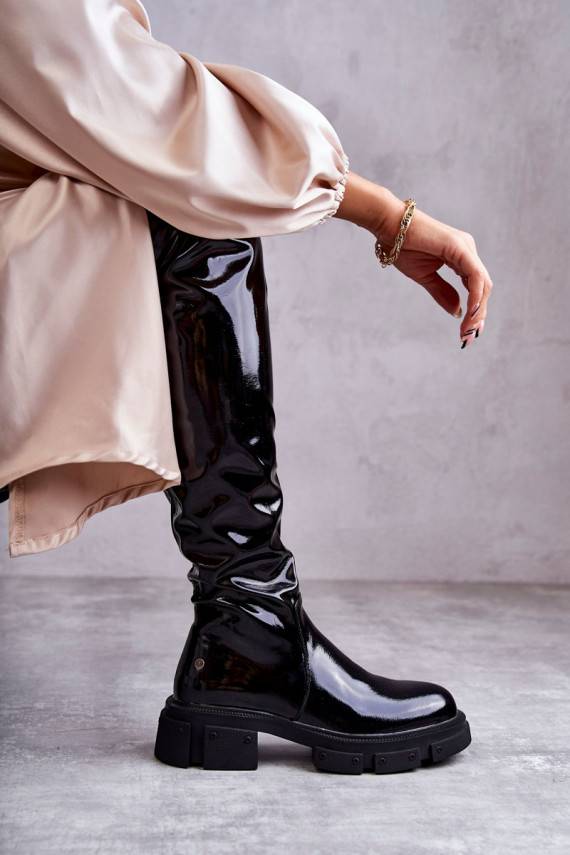 Lacquered Boots Over the knee On Flat Heel GOE Black
