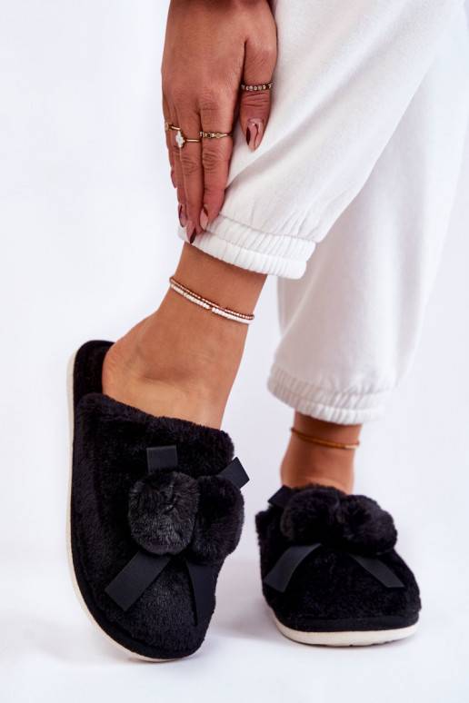 Women's Fur Slippers With Pompoms Black Castello