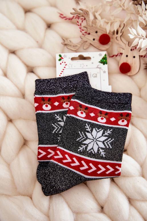 Women's Christmas Socks Shiny Reindeer Black and Red