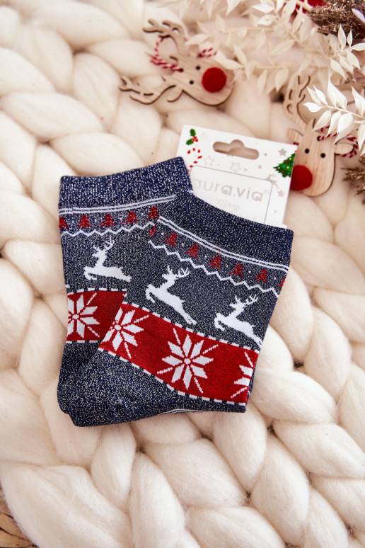 Women's Christmas Socks Shiny ReindeerNavy blue
