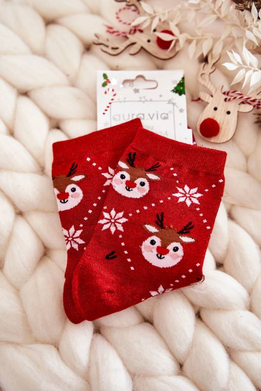 Women's Christmas Socks Shiny Reindeer Red