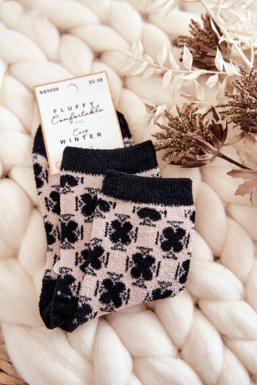 Women's warm socks with patterns beige and black 