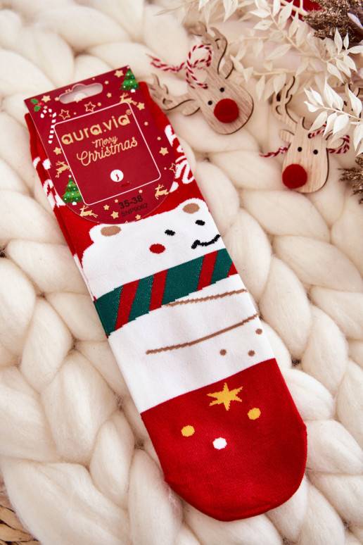 Women's Socks With A Christmas Pattern In A Bear Red