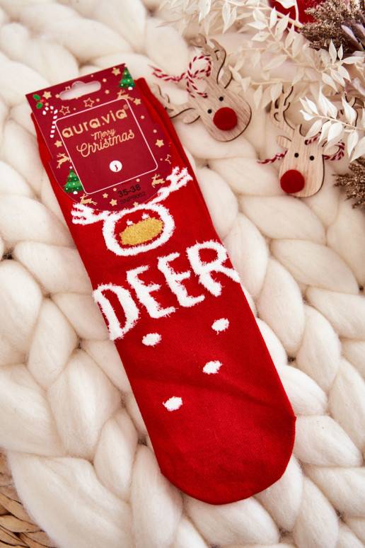 Women's Socks With A Christmas Pattern In The Reindeer Red