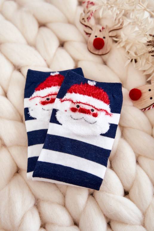 Women's Funny Christmas Socks In stripes with Santa Claus Navy blue and white