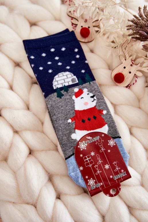 Women's Socks Christmas Patterns With Teddy Bear And Igloo Grey-Navy 