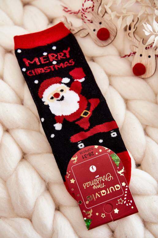 Children's Socks "Merry Christmas" Santa Black and Red