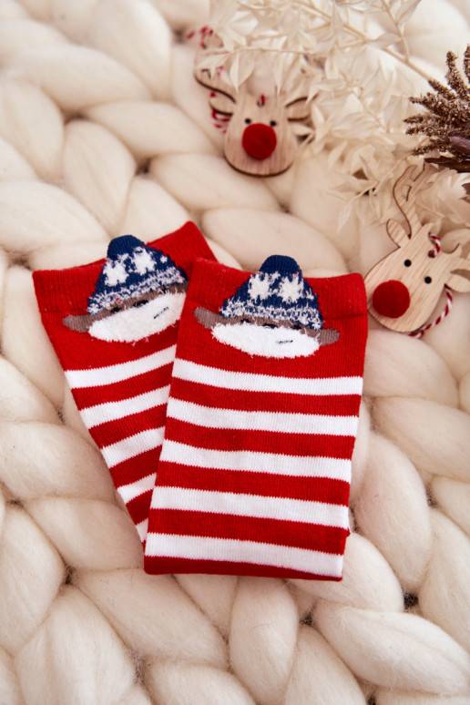 Youth Striped Socks With Bear Red and White