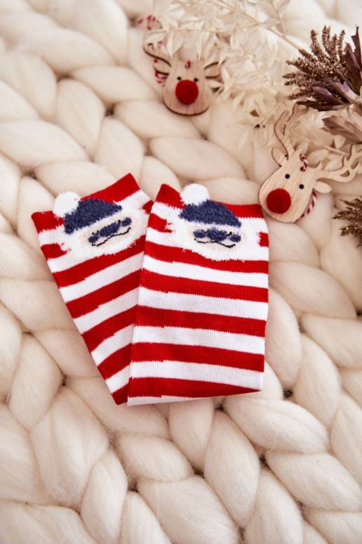 Youth Striped Socks With Santa Claus Red and White