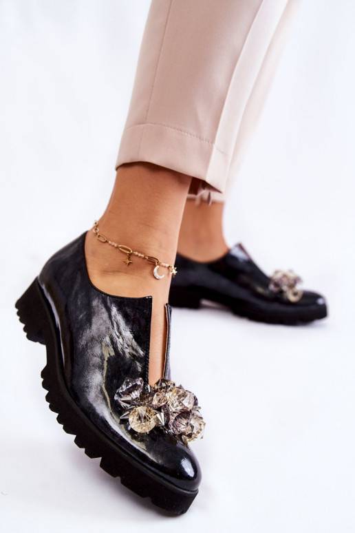 Elegant lacquered shoes with decoration Black and Gray Cindy  Elegant lacquered shoes with decoration Black and Gray Cindy
