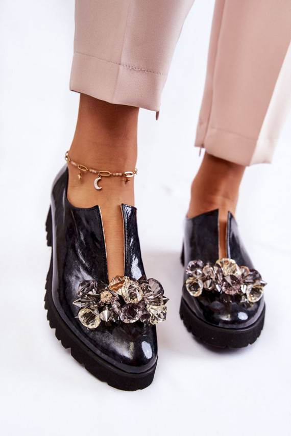 Elegant lacquered shoes with decoration Black and Gray Cindy 