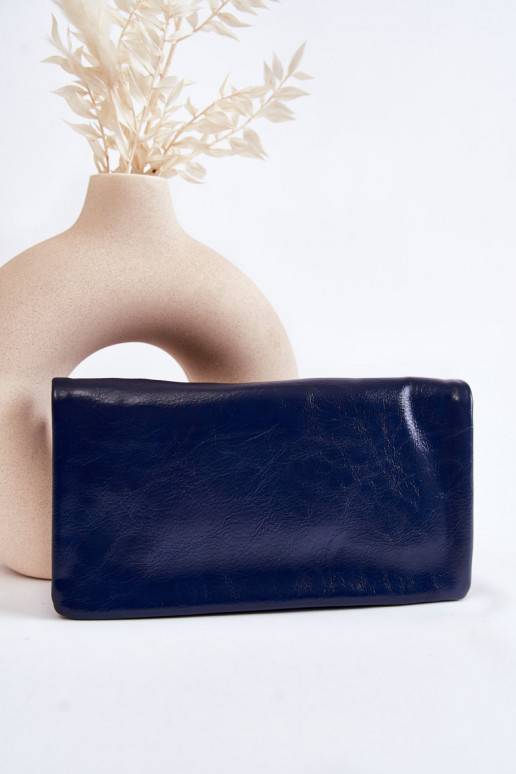 Women's Large Leather Wallet With A Zipper Navy Blue Shiness 