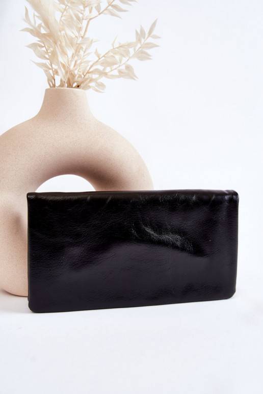 Women's Large Leather Wallet With A Zipper Black Shiness 