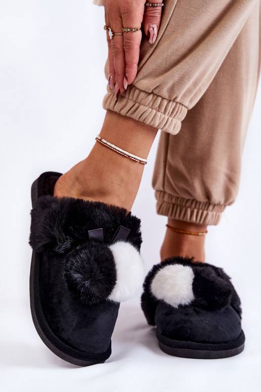 Women's Slippers With Pompoms And Fur Black Sahira