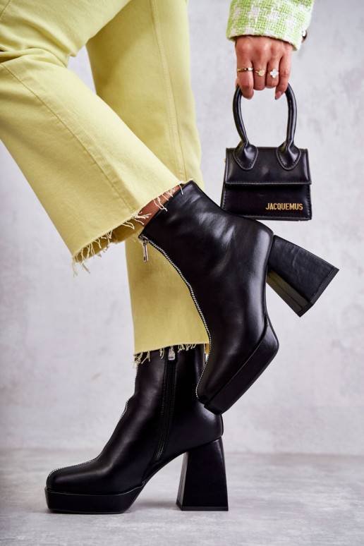 Women's Boots On Chunky Heels With A Zipper Black Carrera Women's Boots On Chunky Heels With A Zipper Black Carrera