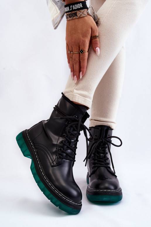 Women's Lace Up Boots With Green Sole Black Trinah