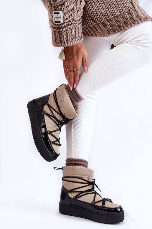 Women's Fashionable Lace-up Snow Boots Beige and Black Carrios