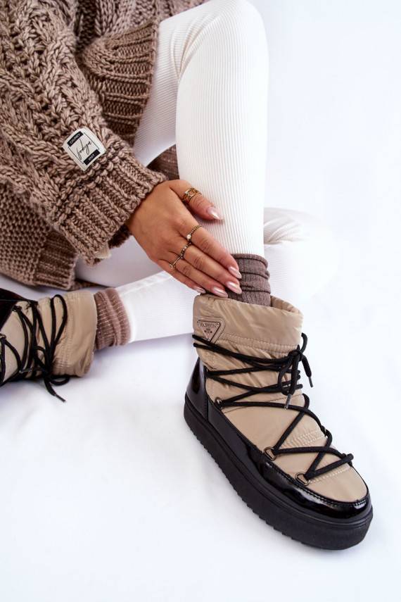 Women's Fashionable Lace-up Snow Boots Beige and Black Carrios