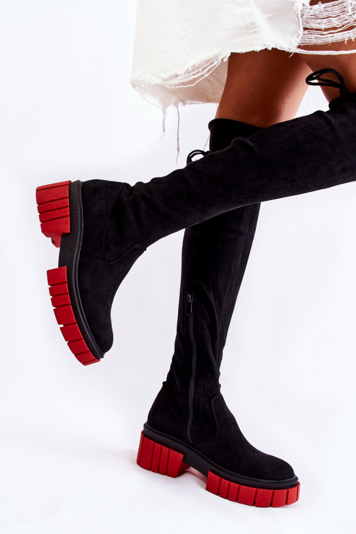 Women's Suede Boots Workers Black and Red Cheera 
