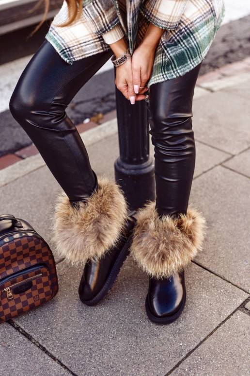 Women's Leather Snow Boots With Eko Fur Patent Black Alexa