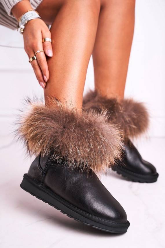 Women's Leather Snow Boots With Eko Fur Patent Black Alexa