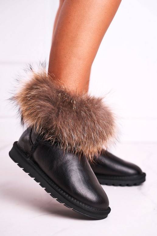 Women's Leather Snow Boots With Eko Fur Patent Black Alexa