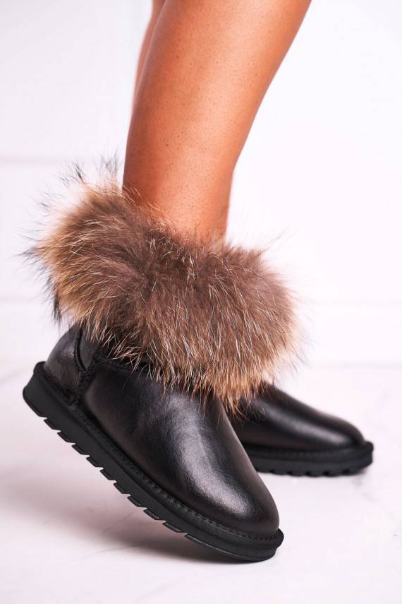 Women's Leather Snow Boots With Eko Fur Patent Black Alexa