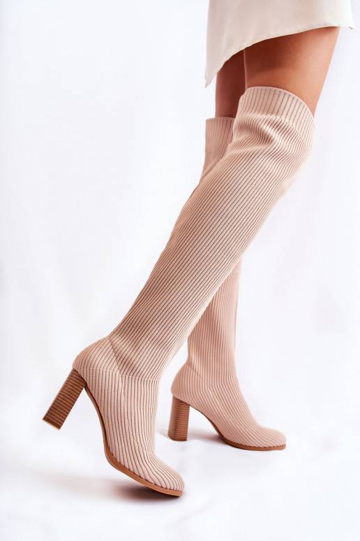 Striped Classic Boots On Heel Beige Laossi Striped Classic Boots On Heel Beige Laossi