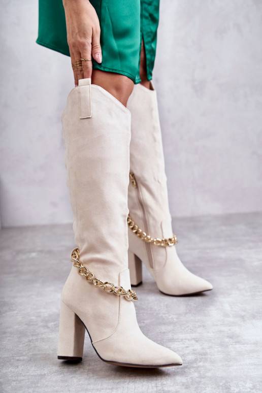Women's Suede Warm Boots With A Chain Light Beige Jasmin