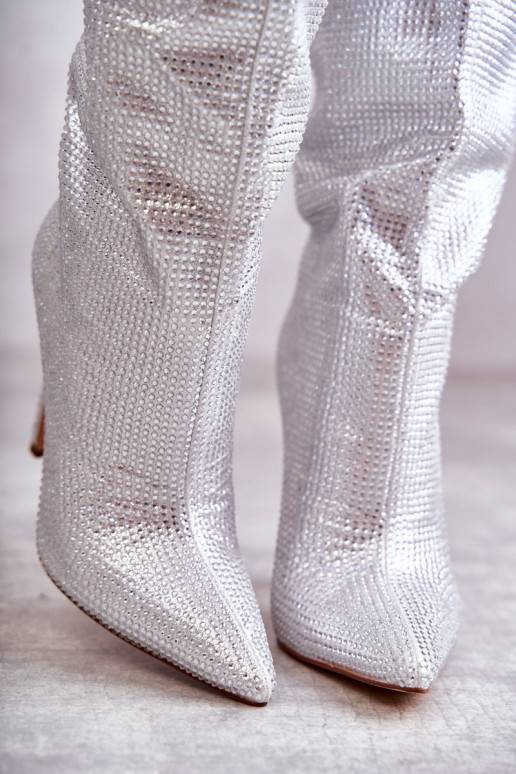 Fashionable Boots On High Heel With Cubic Zirconia Silver Lovisa