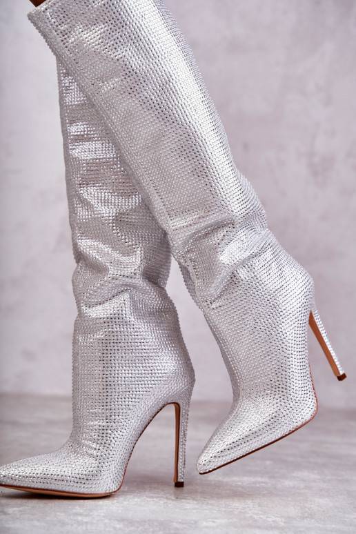 Fashionable Boots On High Heel With Cubic Zirconia Silver Lovisa