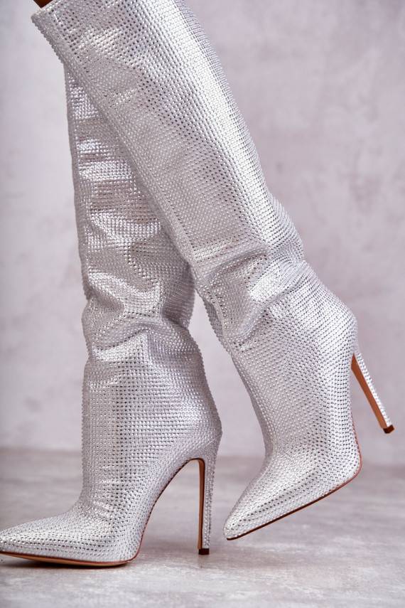 Fashionable Boots On High Heel With Cubic Zirconia Silver Lovisa