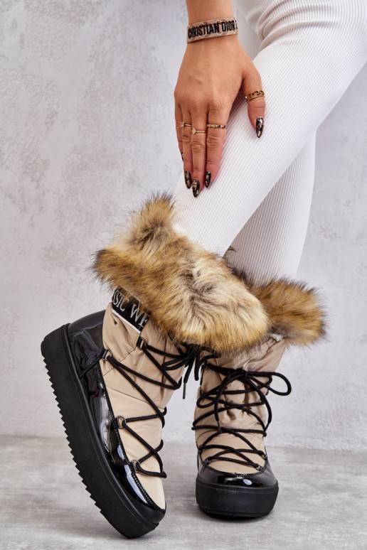 Women's Lace-up Snow Boots Beige and Black Santero