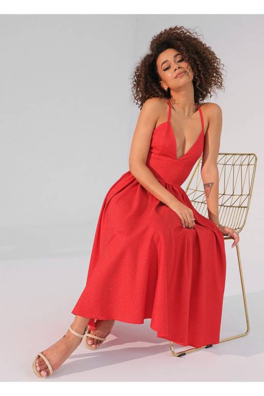 Livia - Red midi brocade strap dress