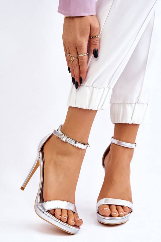 Elegant Leather Sandals On High Heel Silver Averie 
