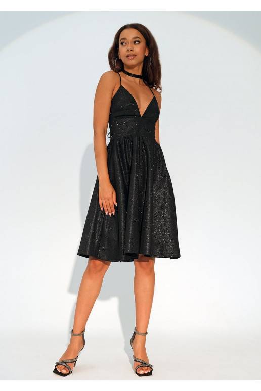 Livia - Black midi brocade strap dress