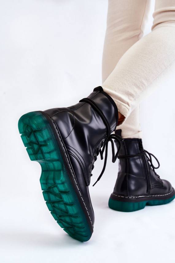 Women's Lace Up Boots With Green Sole Black Trinah