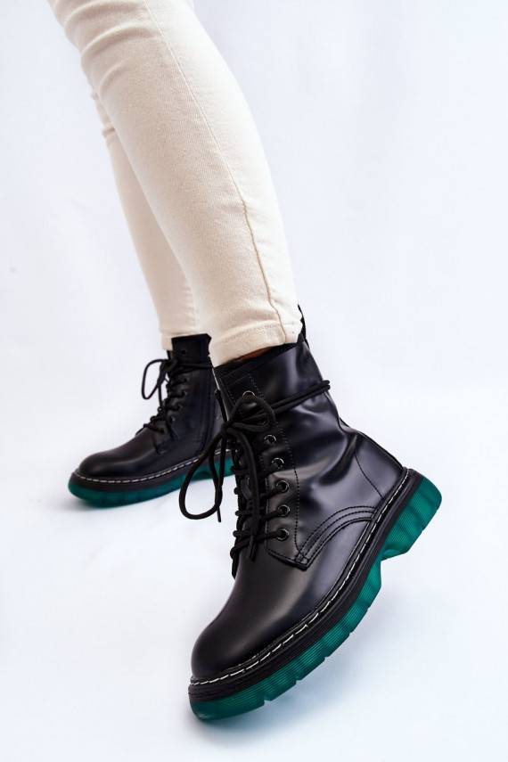 Women's Lace Up Boots With Green Sole Black Trinah