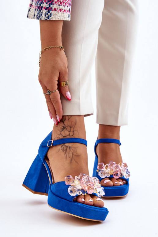 Fashionable Sandals With Crystals On Chunky Heels Blue Garrett