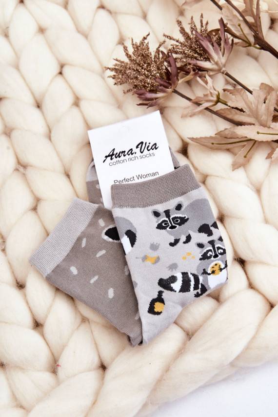 Women's Mismatched Raccoon Funny Socks Gray