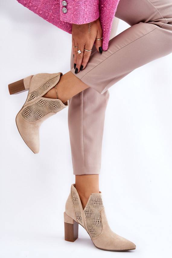 Openwork Suede High Heel Boots Light beige Leanna