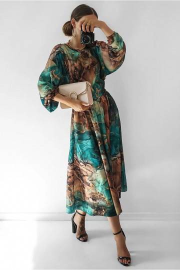 Elvire - midi satin dress green marble 2