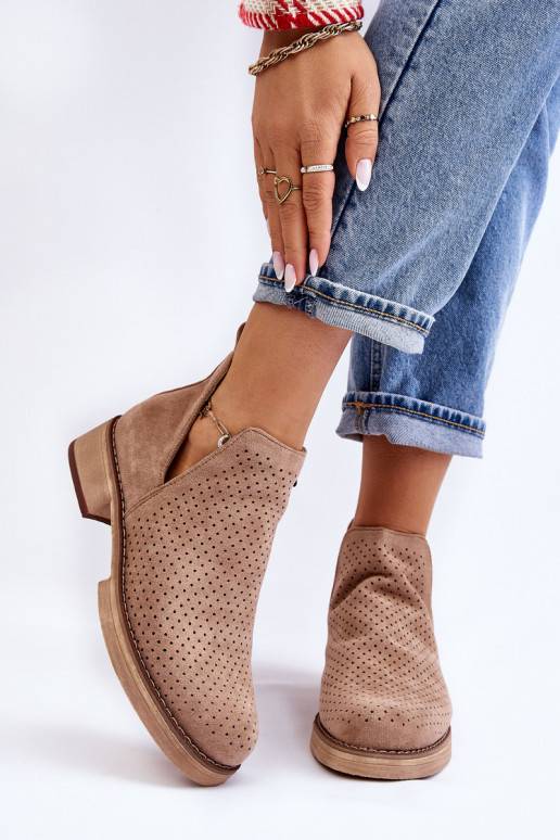 Suede Openwork Flat Heel Boots Dark Beige Angie