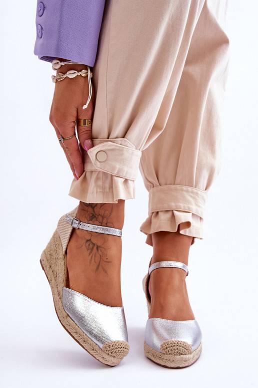 Leather Espadrilles Wedge Sandals Silver Cammer 
