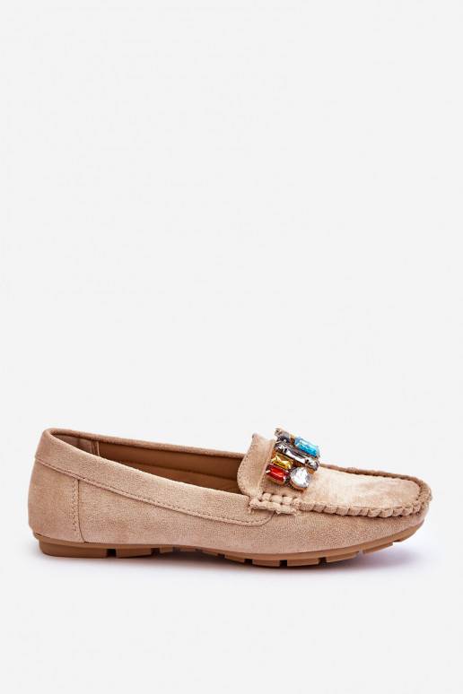 Women's Suede Loafers With Crystals Beige Lucille