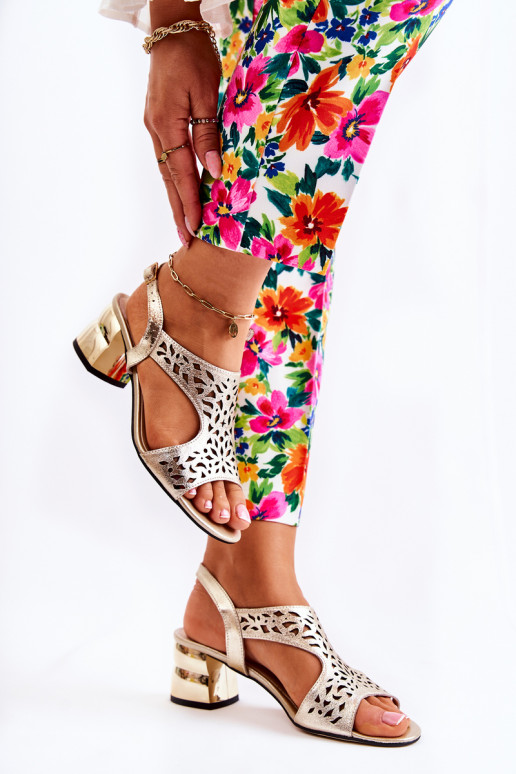 Leather Openwork Sandals On High Heels Gold Salvio Leather Openwork Sandals On High Heels Gold Salvio