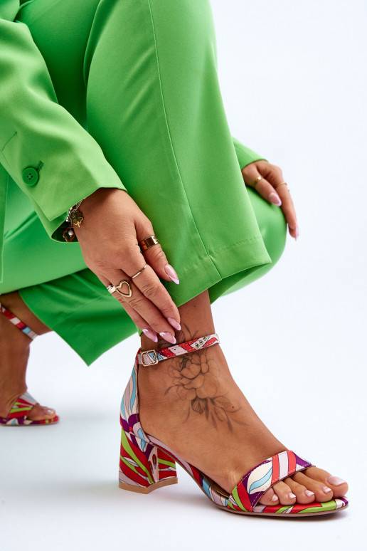 Patterned Low Heel Satin Sandals Beige-Blue Quincy 