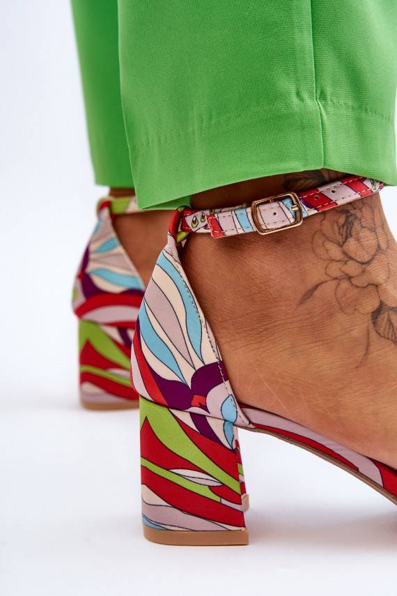 Patterned Low Heel Satin Sandals Beige-Blue Quincy 